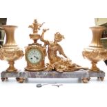 French 19thC gilt metal ormolu style figural mantel clock garniture featuring 'Fleur de Mai' lady