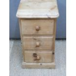 Pine bedside chest of three drawers W35 x D32 x H62cm