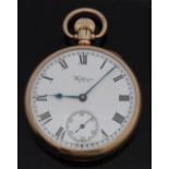 Waltham 9ct gold open faced keyless winding pocket watch with Roman numerals,