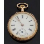 14ct gold open faced keyless winding pocket watch with inset subsidiary seconds dial, gold hands,