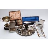 A collection of silver plate including tray, trophy,