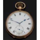 9ct gold open faced keyless winding pocket watch with Roman numerals, inset subsidiary seconds dial,