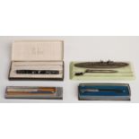 Art Deco pen tray with cast model of HMS Vanguard, pens including Parker Victory,