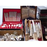 Three boxes of silver plated flatware, some bone handled sets,