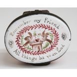 Bilston or similar enamel pill box with 'Remember My Friend All Things Have An End' to lid, width 5.