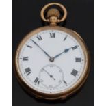 9ct gold open faced keyless winding pocket watch with Roman numerals, stepped face,