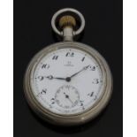 Omega open faced keyless winding pocket watch with Arabic numerals, inset subsidiary seconds dial,