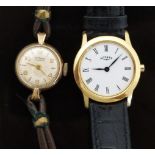 Two ladies wristwatches one Griffon 9ct gold with gold hands and Arabic numerals on brown leather