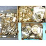 Three boxes of silver plate and other metalware including teaware, jugs, serving dishes,