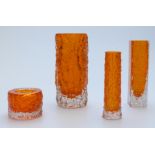 Geoffrey Baxter for Whitefriars four tangerine coloured textured bark vases,