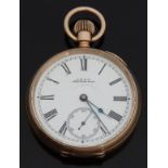 Waltham gold plated open faced keyless winding pocket watch with Roman numerals,