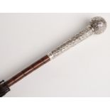 Edwardian parasol with hallmarked silver spherical tapering handle with repoussé decoration,