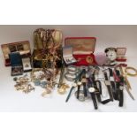 A collection of jewellery including silver earrings, watches, two silver rings, silver bracelet,