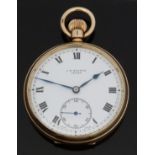 J W Benson of London 9ct gold open faced keyless winding pocket watch with Roman numerals,