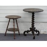 A 19thC tripod table with corkscrew support H66 and an Eastern style table