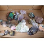 A quantity of quartz samples including diopside, sulphur crystal, amethyst,
