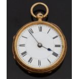 18ct gold open faced pocket watch with blued hands, Roman numerals, white enamel face,