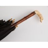 Late 19thC/20thC parasol with carved ivory handle in the form of a dog/greyhound on bamboo stick,
