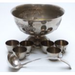 Large plated pedestal punch bowl, diameter 30cm, ladle and cups.
