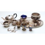 Silver plated tea set and tray together with a quantity of other plated items including a dish with