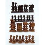 A 19thC English Calvert wooden chess set with turned and carved pieces,