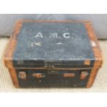 Vintage leather-bound travelling trunk W61cm