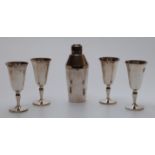 Elkington & Co cocktail shaker and four silver plated goblets