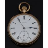 Baume Longines 9ct gold open faced keyless winding pocket watch with Roman numerals,