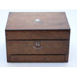 Burr walnut mother-of-pearl inlaid jewellery box or vanity case with fitted interior and two secret