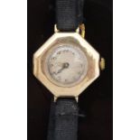Ladies 9ct gold wristwatch with blued Breguet hand, Arabic numerals and octagonal case,