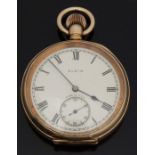 Elgin gold plated open faced keyless winding pocket watch with Roman numerals,