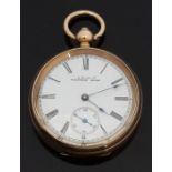 Waltham gold plated open faced pocket watch with Roman numerals, inset subsidiary seconds dial,