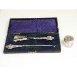 Cased hallmarked silver handled shoe horn and button hook together with a silver topped cut glass