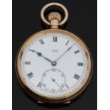 J W Benson of London 9ct gold open faced keyless winding pocket watch with Roman numerals,