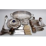 A collection of silver plated cutlery flatware to include rat-tail spoons, salvers, small dishes,