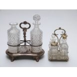 A 19thC or early 20thC silver plated bottle stand with hobnail cut decanters,