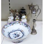 Large pedestal ironstone punch bowl, Staffordshire figures, Chinese famille noir vase and cover,