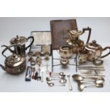 Plated tea set, spirit kettle, cased and loose cutlery,