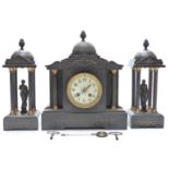 A 19thC slate mantel clock garniture in Romanesque classical architectural design,