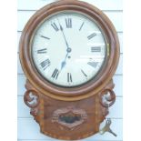 Late 19thC mahogany cased single fusee drop dial wall clock with cross banded inlay and carved