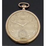 Tempo gold plated open faced slim cased keyless winding pocket watch with Arabic numerals,