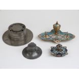 Enamel standish, cloisonné blotter and two pewter inkwells,