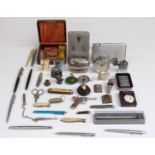 Collectables including Parker and other pens, pocket knives, compass, seals, lighters,