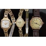 Three 9ct gold ladies wristwatches comprising one Avia, one Everite and one with engine turned face.