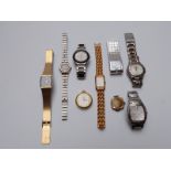 Nine various ladies and gentlemens wristwatches including a 9ct gold cushion shaped example,