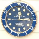 Rolex jewellers' display wall clock, 'Submariner' to blue dial,