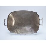 Maple and Co London twin handled silver plated tray raised on ball feet,