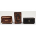 Three trinket or snuff boxes including an inlaid and Tunbridge Ware example,