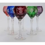 Boxed set of six French Harlequin flash overlaid and cut glasses