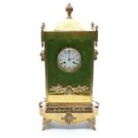 French brass and gilt metal two-train mantel clock with enamel Roman dial and Breguet style hands,